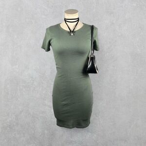 Open Edit Sage Green Cotten Blend Ribbed Knit Bodycon Mini Dress
